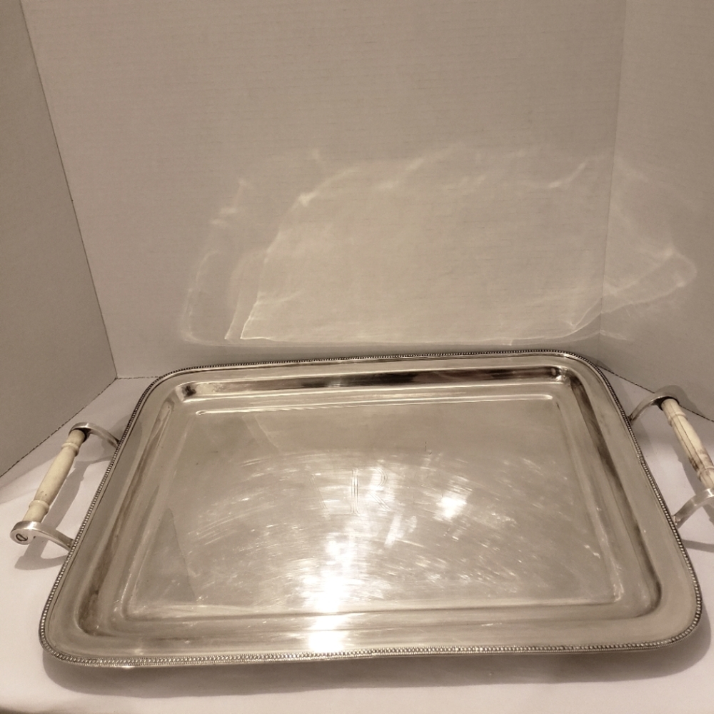 Silverplated Serving Tray with bone like acrylic handles